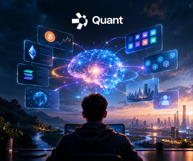 A digital illustration shows a person from behind looking at a glowing brain connected to various cryptocurrency logos, data charts, and app icons under the text 'Quant'.