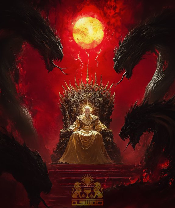 A fantasy digital artwork depicting a radiant figure in golden robes seated on a dark throne, illuminated by a glowing halo, with shadowy dragons framing the scene beneath a blood-red moon.