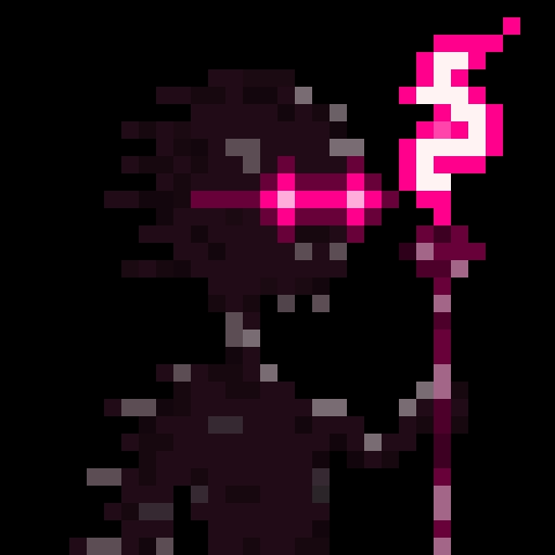 A pixel art illustration of a dark, shadowy character with glowing pink eyes and a sinister smile, holding a glowing pink staff or weapon.
