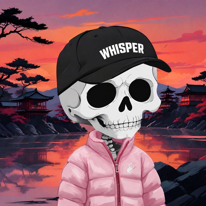 An illustration of a skeleton wearing a black cap with 'WHISPER' written on it and a pink puffer jacket, set against a Japanese-style sunset landscape.