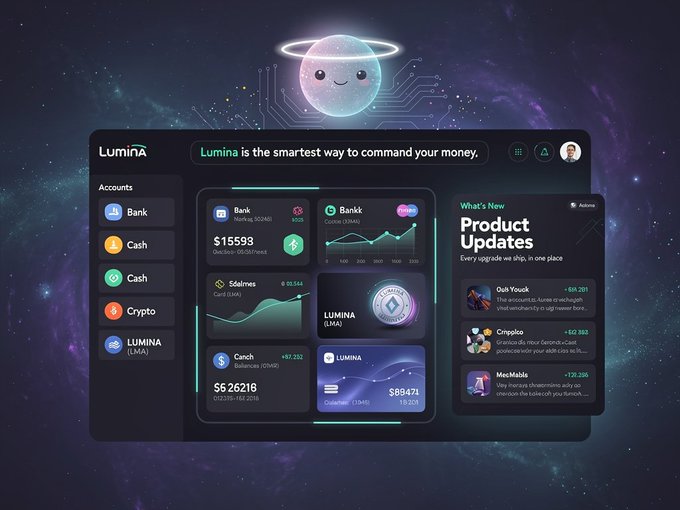 Lumina crypto/finance dashboard UI mockup with a glowing cartoon planet mascot, showing account balances ($15,593, $6,26218, $86471), charts, and a 'Product Updates' feed.