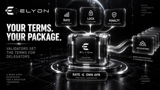 A dark, tech-themed digital graphic for 'ELYON' blockchain network with the headlines 'YOUR TERMS. YOUR PACKAGE.' and 'RATE ≤ OWN APR PROTOCOL ENFORCED', highlighting features like RATE, LOCK, PENALTY, and DELEGATORS.