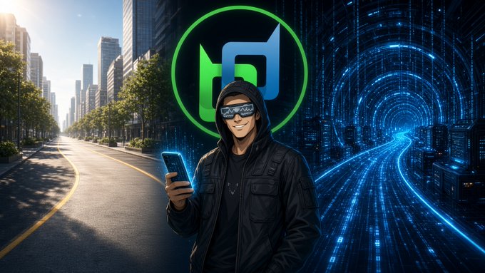 A stylized digital image of a hooded figure wearing pixelated sunglasses and holding a glowing smartphone, set against a split background of a sunny city street and a neon blue data tunnel, with a green and blue logo in the center.