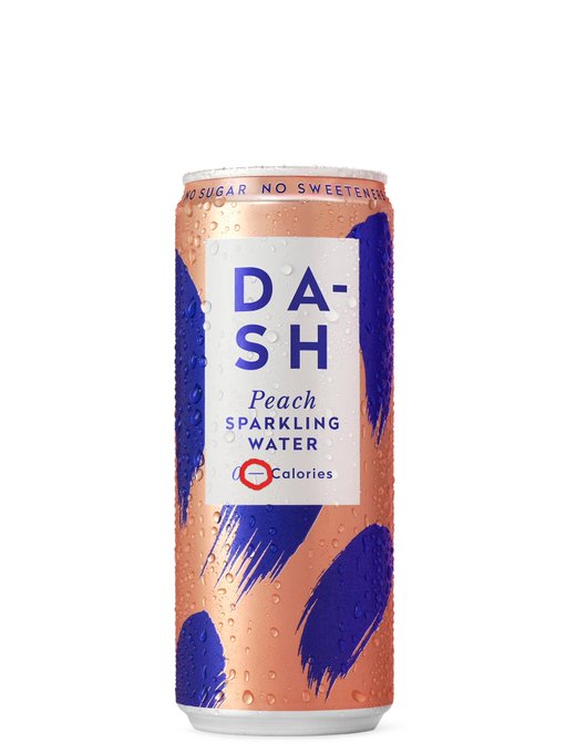 A peach-colored aluminum can of 'DA-SH Peach Sparkling Water' featuring blue paint-stroke graphics, labeled 'No Sugar No Sweeteners' and '0 Calories'.