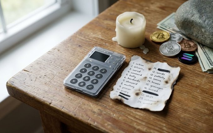 A wooden table holds a credit card-sized calculator, a half-melted white candle, a stone, Bitcoin and other crypto coins, and a burned piece of paper listing items like 'bitcoin', 'LOOM', 'patel', 'oil', and 'shiba'.