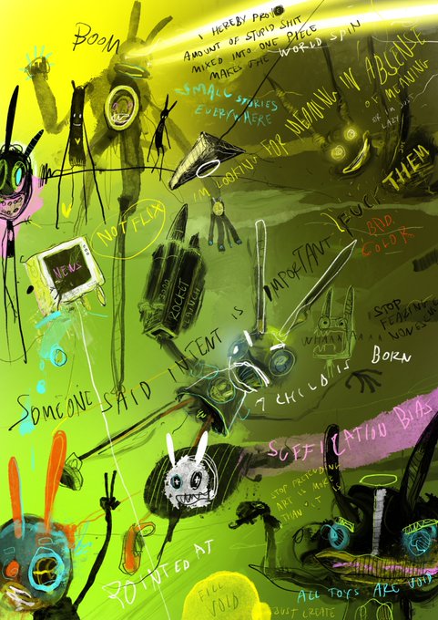 Chaotic green-toned mixed-media artwork featuring dark doodled figures, bunny-like creatures, and scattered handwritten text including phrases like 'I hereby proclaim,' 'Boon,' 'Make the World,' and 'Suffocating Bios.'