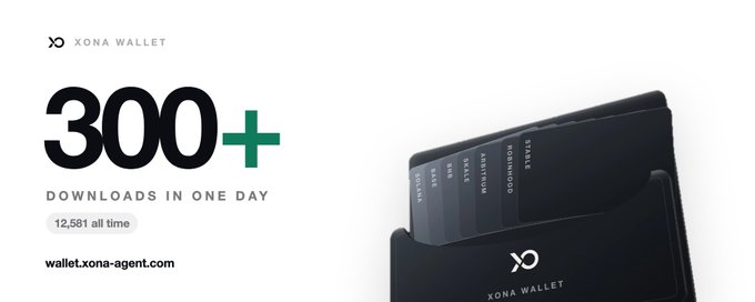 A promotional graphic for XONA WALLET showing '300+ DOWNLOADS IN ONE DAY' and '12,581 all time' next to an image of a black card holder with XONA Wallet cards.
