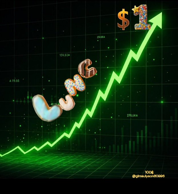 A stylized 3D graphic shows an upward green chart trend on a dark background with '$1' at the peak and floating heart-shaped coin tokens representing rising value.