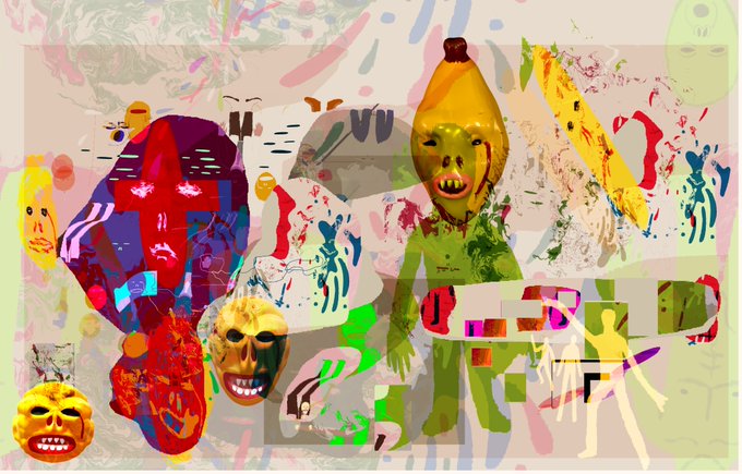 A chaotic digital collage artwork featuring distorted faces, masks, banana figures, and abstract elements in vibrant colors with splattered paint effects.