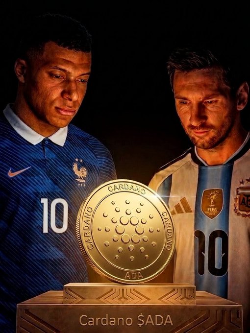 A promotional image featuring soccer players Mbappé (France #10) and Messi (Argentina #10) looking down at a large gold Cardano (ADA) coin on a pedestal labeled 'Cardano $ADA'.