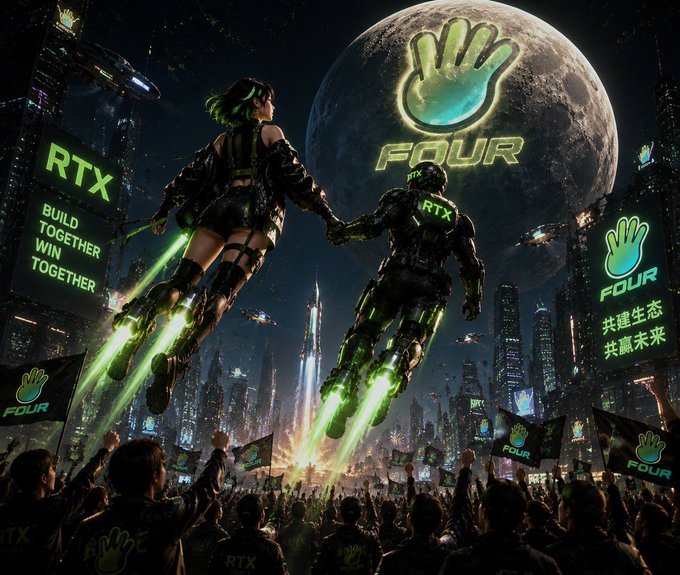 The image shows two armored figures with rocket boots soaring above a futuristic crowd, with a large moon displaying a glowing green hand logo and the word "FOUR," alongside prominent "RTX" signage and Chinese text reading "共建生态 共赢未来" (Build the ecosystem together, win the future together).

The image aligns with the post's narrative of market transformation, using the dramatic "FOURmeme" launch and "RTX" branding as a visual metaphor for a bold, turbulent new chapter—embodying the message that overcoming stormy seas is essential for growth.