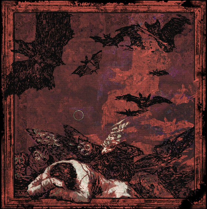 A dark, gothic illustration rendered in red and black tones depicting bats, owls, and a figure that appears to be sleeping or unconscious in the foreground.