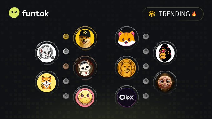 A "funtok" branded graphic displays a "TRENDING 🔥" leaderboard with the Top 10 BSC meme tokens ranked 1-10, featuring circular icons for coins like "Wiki Cat," Shiba Inu variants, "ClipX," and various other animal-themed tokens corresponding to the listed tickers.