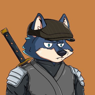 A cartoon illustration of an anthropomorphic wolf character dressed in gray ninja-style armor, wearing a black cap and carrying a sword on its back.