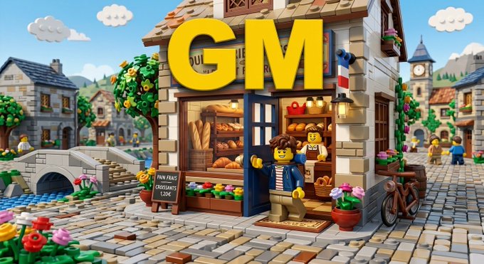 A LEGO-style diorama of a bakery storefront with two minifigures, featuring the letters 'GM' in large yellow text overhead.