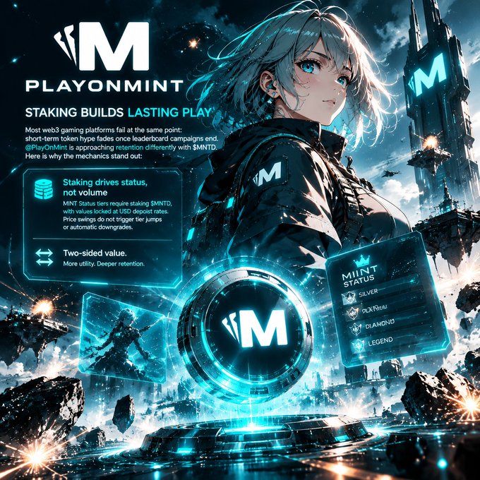 A promotional graphic for "PLAYONMINT" featuring an anime-style character, with text about "STAKING BUILDS LASTING PLAY" and MINT STATUS tiers including SILVER, PLATINUM, DIAMOND, and LEGEND.