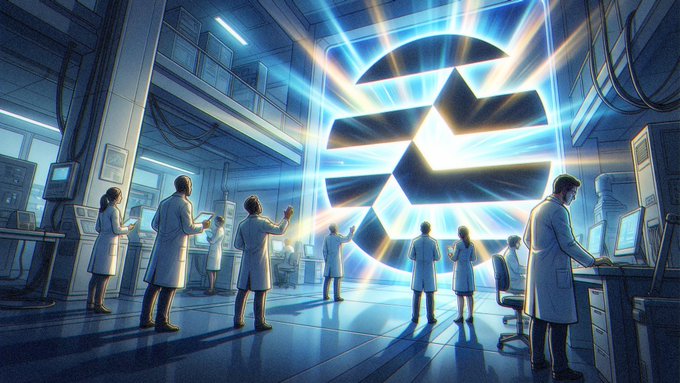 An illustration of scientists in a high-tech laboratory observing a glowing, fragmented geometric object emitting bright blue and orange light rays from its center.