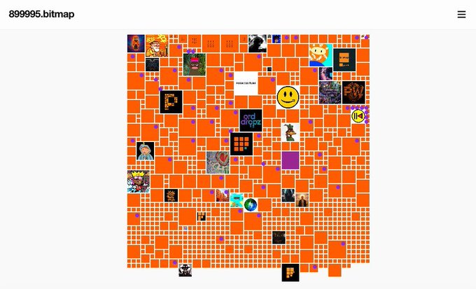 A screenshot of the website 899999.bitmap displays an interactive grid of orange pixelated squares featuring various Bitcoin Ordinals NFTs and avatars. The text "ISSUE 135 PLAN" is visible in the center of the grid, which appears to be a parcel-based game or collectible platform tied to the Bitcoin Ordinals and Bitmap ecosystem.