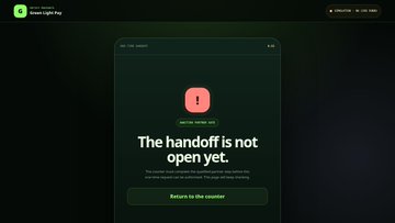 A mobile app screen showing a locked padlock icon with the message "The handoff is not open yet" displayed on a dark green background, with a "Return to the counter" button at the bottom of the screen.
