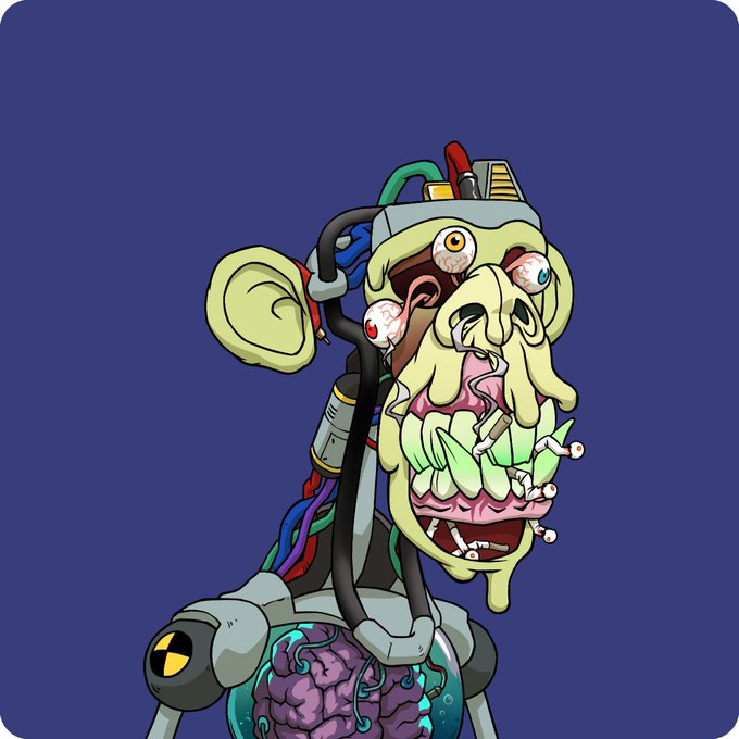 A grotesque cartoon illustration of a multi-eyed, decaying robotic figure with exposed teeth, an exposed brain in a glass dome, wires, and a yellow radiation symbol, set against a dark blue background.