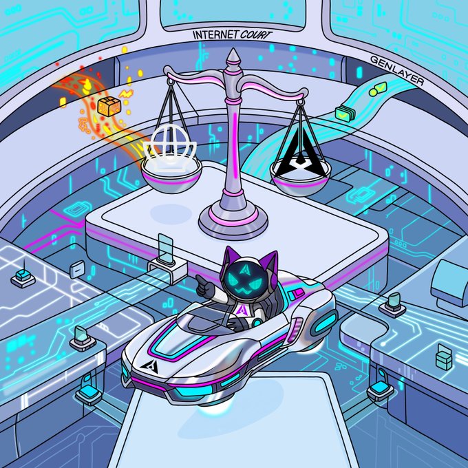 A cyberpunk-style illustration of an 'Internet Court' by GenLayer featuring a cat-like character in a futuristic hover vehicle in front of a balance scale weighing code versus traditional imagery.