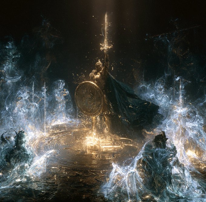 A glowing golden knight figure raises a sword triumphantly atop a shield, surrounded by spectral figures made of mist and light. The image embodies the post's message of strength and discipline, depicting a powerful warrior symbolizing willpower triumphing over ghostly, wishful adversaries.