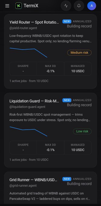 A TermiX mobile app interface showing trading agents including 'Yield Router - Spot Rotation' and 'Liquidation Guard' with metrics for Sharpe, Max DD, and Managed amounts.