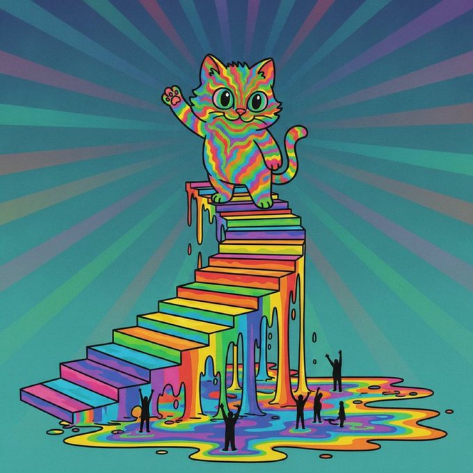 A psychedelic digital illustration features a rainbow-striped cartoon kitten waving from the top of a multicolored staircase, with rainbow paint dripping down and tiny silhouetted figures gathered at the base against a sunburst background.