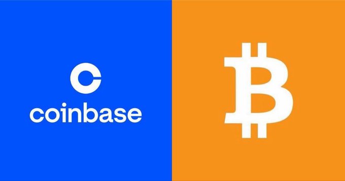 A split image showing the Coinbase logo (white 'C' on blue background) on the left and the Bitcoin logo (white 'B' on orange background) on the right.