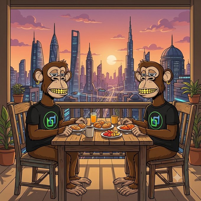 Two cartoon monkeys wearing matching black t-shirts with a green logo sit across from each other at a small wooden dining table set with plates of food, a pitcher, and cups, with a futuristic city skyline visible through a large window behind them at sunset.