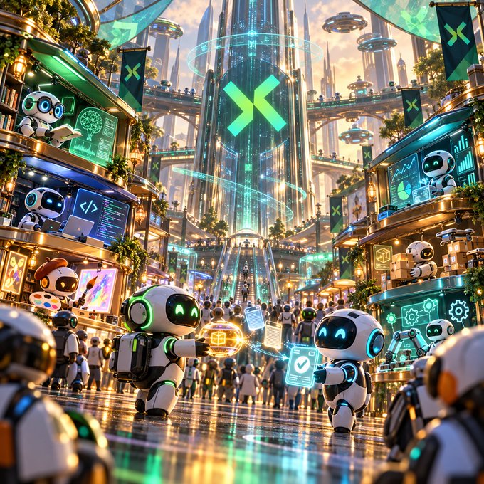 A vibrant digital artwork depicting a futuristic cityscape where friendly robots walk among crowds beneath a glowing green "X" logo tower, exchanging holographic data icons.