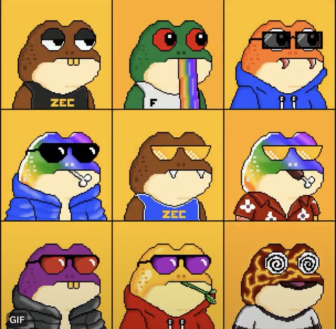 A grid of nine cartoon frog-like characters, some wearing sunglasses and various outfits, with two labeled 'ZEE' and one marked with a 'GIF' tag in the corner.