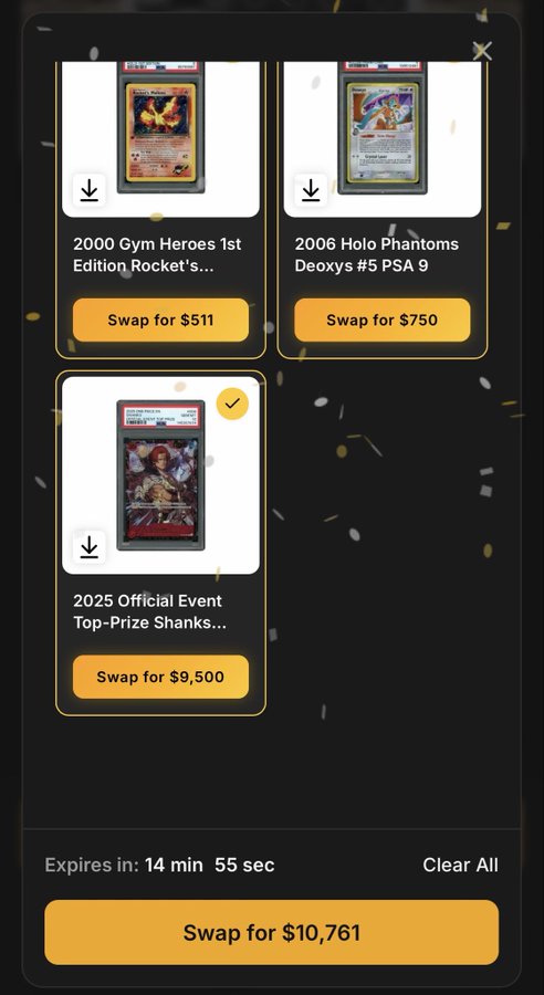 A Pokemon card trading interface showing three cards available for swap: a 2000 Gym Heroes 1st Edition Rocket's card, a 2006 Holo Phantoms Deoxys PSA 9, and a 2025 Official Event Top-Prize Shanks card, with a total swap value of $10,761.