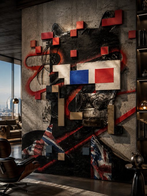 A large industrial-style wall mural in a modern loft features a portrait made of textured blocks incorporating French and British flag elements.