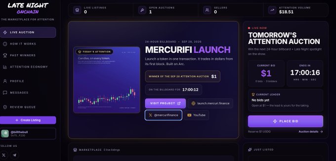 A screenshot of a 'Late Night Auction' webpage showing a 'MERCURFI LAUNCH' 24-hour billboard auction with a current bid of $1 and time remaining.