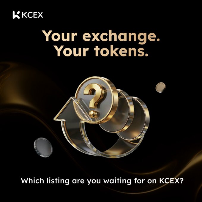 A promotional ad for KCEX exchange with the text 'Your exchange. Your tokens.' and 'Which listing are you waiting for on KCEX?', featuring a 3D gold question mark coin.