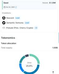 Mobile app screenshot showing a Seed token with Raised: $1.35M, Investors listed as "Nascent Lead" and "Semantic Ventures Lead", with a "Prelude (Prev. Cherry Crypto) +4" follow-on. A tokenomics donut chart shows "Other 25.9%" with total supply of 1.00B.