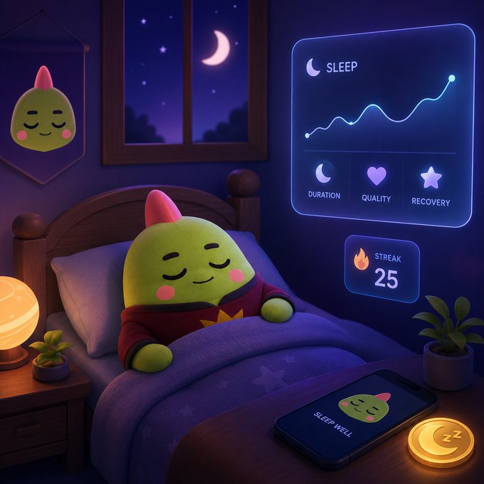 A cute, green character sleeps soundly in a cozy bed, accompanied by a digital interface displaying sleep metrics like "DURATION," "QUALITY," and "RECOVERY," alongside a "STREAK 25" notification. The image visually represents the concept of gamifying sleep habits through a digital companion to combat habit decay.