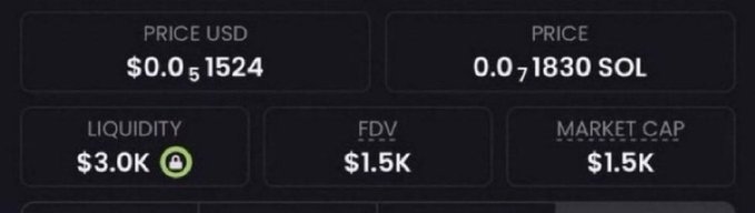 The image displays a cryptocurrency trading dashboard showing a token with a price of $0.051524 USD (0.001830 SOL), $3.0K liquidity, and $1.5K FDV and Market Cap. This aligns with the accompanying post's claim of finding a new memecoin with a tiny $1.5K market cap, which the author is promoting as a potential high-multiply opportunity similar to previously hyped tokens like $ZCAT, $PONS, and $ANSEM.