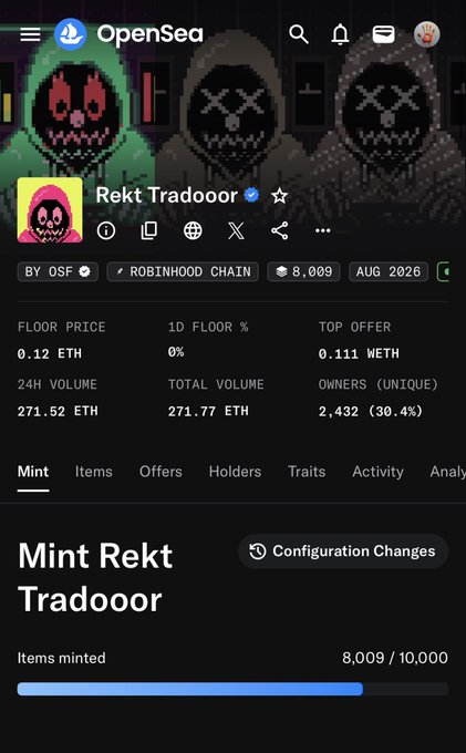 OpenSea page for the 'Rekt Tradooor' NFT collection on Robinhood Chain, showing 8,009 items minted at 0.12 ETH floor price.