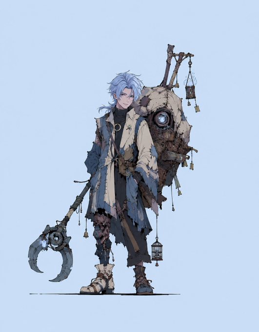 A blue-haired anime-style character stands wearing a tattered patchwork coat and carrying an oversized, ornate mechanical weapon and a shaggy pack adorned with trinkets and a glowing eye. The post "Gm if You Love NFTs" ties into the character's eclectic, collectible-like aesthetic, evoking the unique digital-art vibe that NFT enthusiasts celebrate.