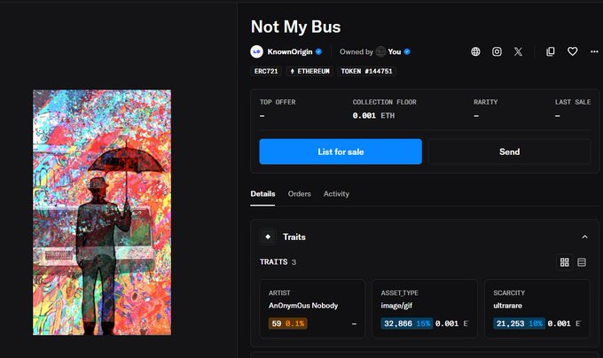 A screenshot of an NFT marketplace page for "Not My Bus" by KnownOrigin, showing a colorful digital painting of a figure with an umbrella, currently owned by ERC721 #144751 with a floor price of 0.001 ETH.