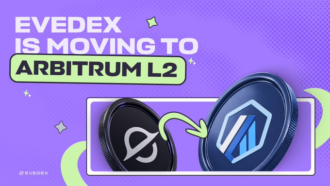 A vibrant purple graphic announces "EVEDEX IS MOVING TO ARBITRUM L2" in bold white and black text, featuring two 3D coin illustrations—one displaying the EVEDEX logo and the other the Arbitrum logo—connected by a green curved arrow to symbolize the migration. The design visually reinforces the platform's upcoming transition to the Arbitrum L2 network, aligning with the reminder to keep at least $1 in accounts for automatic balance migration.