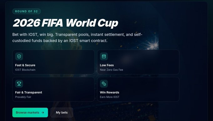 A promotional graphic for the "2026 FIFA World Cup" betting round, highlighting features like "Fast & Secure," "Low Fees," "Fair & Transparent," and "Win Rewards" on the IOST blockchain, with "Browse markets" and "My bets" buttons to place wagers using IOST.
