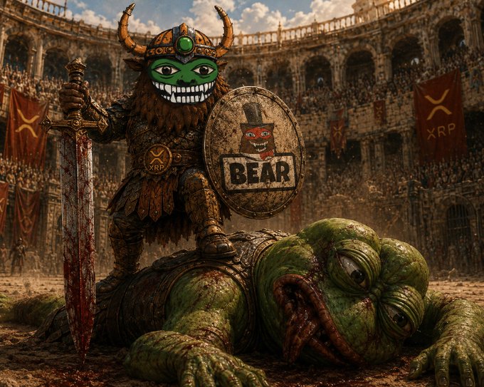 A fantasy illustration shows a horned warrior with XRP branding on his shield standing victoriously over a slain green creature in a colosseum, with XRP banners in the background.