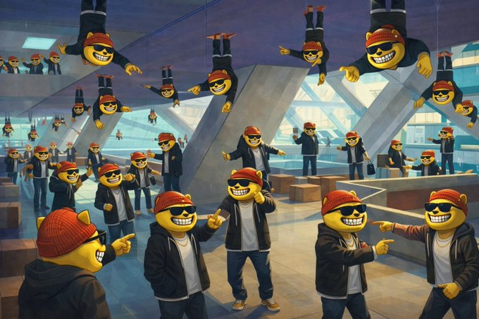 A stylized illustration featuring numerous cartoon figures with yellow smiley faces, red caps, and sunglasses pointing and posing in a modern interior space with some figures appearing upside down on the ceiling.