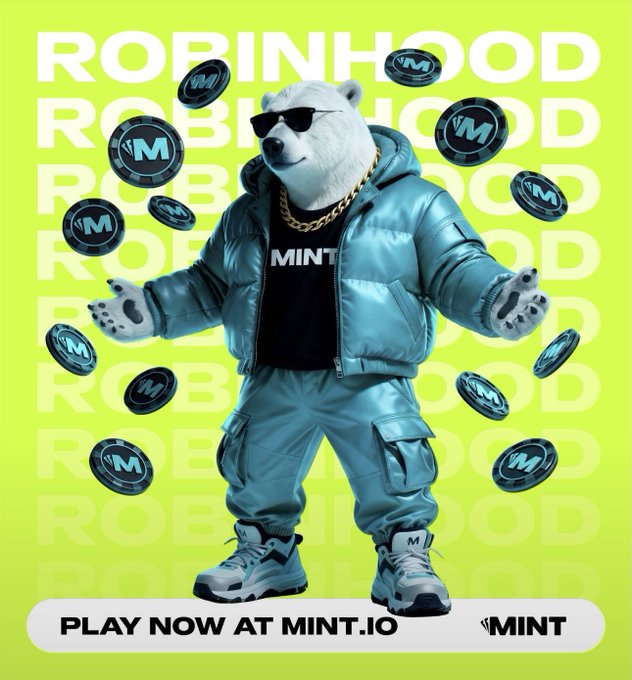 Vibrant promotional graphic with 'ROBINHOOD' text on a green background, featuring a polar bear mascot in sunglasses, gold chains, and teal puffer jacket surrounded by floating coins marked 'M', with 'PLAY NOW AT MINT.IO' banner.