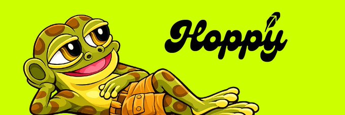 A cartoon green frog wearing orange shorts reclines beside the stylized "Hoppy" text on a lime green background, visually tying the post's promotion of the $HOPPY meme coin to its cheerful mascot and matching Robinhood's signature color scheme.