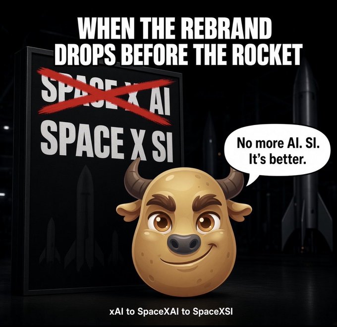 A meme graphic titled "WHEN THE REBRAND DROPS BEFORE THE ROCKET" showing a sign crossing out "SPACE X AI" for "SPACE X SI", accompanied by a MOODENG-style character saying "No more AI. SI. It's better.".