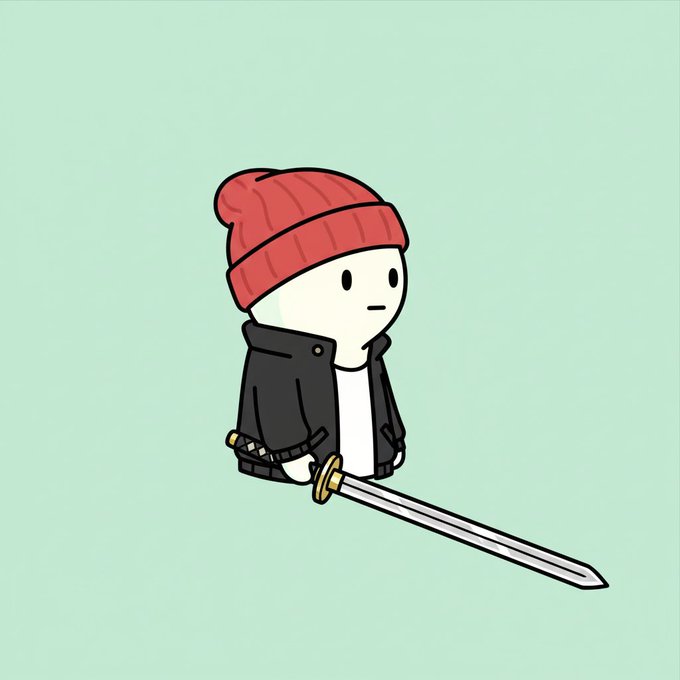 A simple cartoon illustration of a character wearing a red beanie and black jacket holding a sword against a light green background.